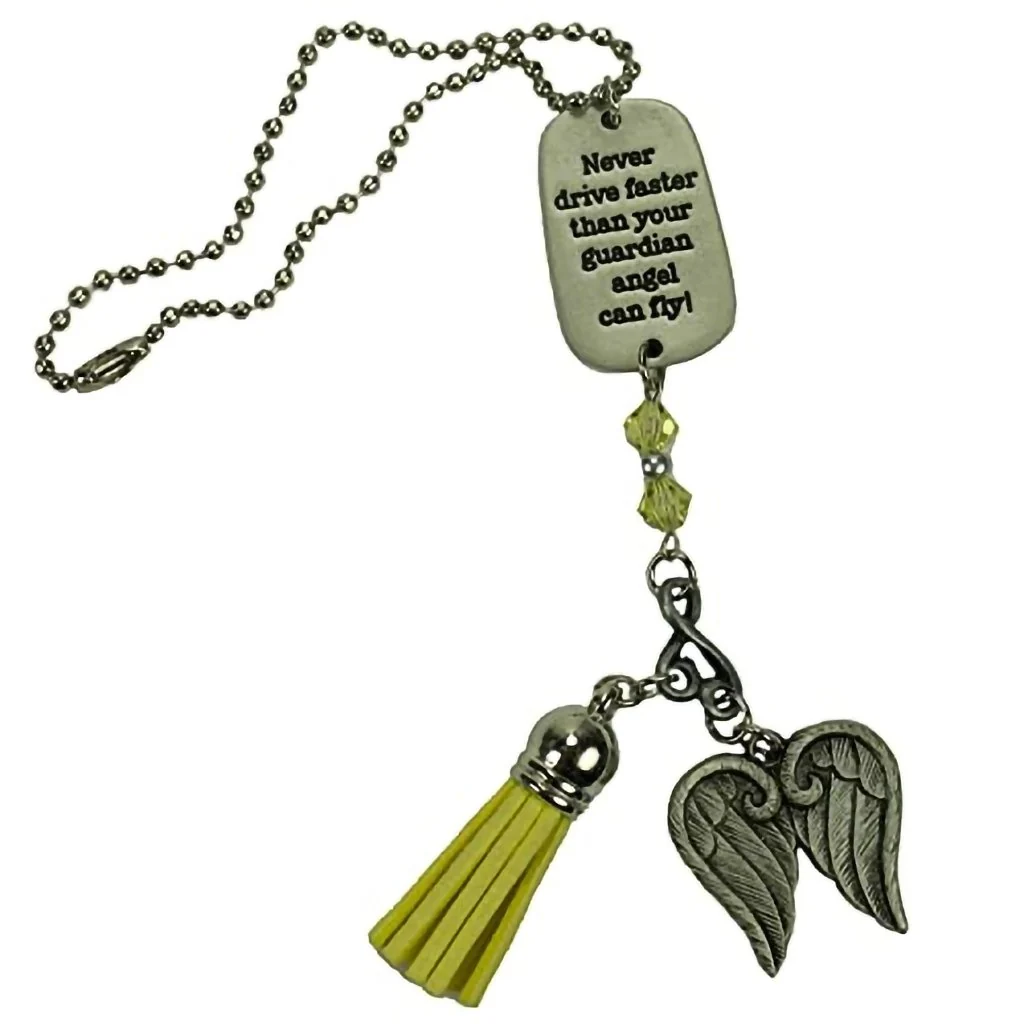 Cathedral Art : Never Drive Faster Yellow Tassel Angel Car Charm With Beads