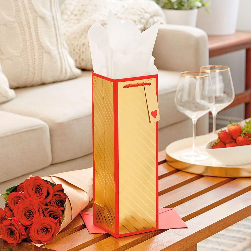 Hallmark : 13" Gold Stripes and Red Border Wine Bottle Gift Bag - Image 2