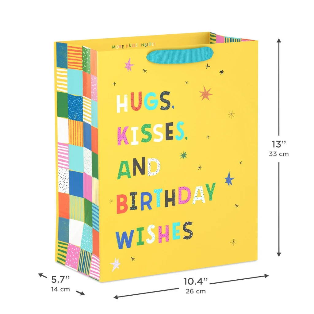 Hallmark : 13" Hugs, Kisses and Birthday Wishes on Yellow Large Gift Bag - Image 3