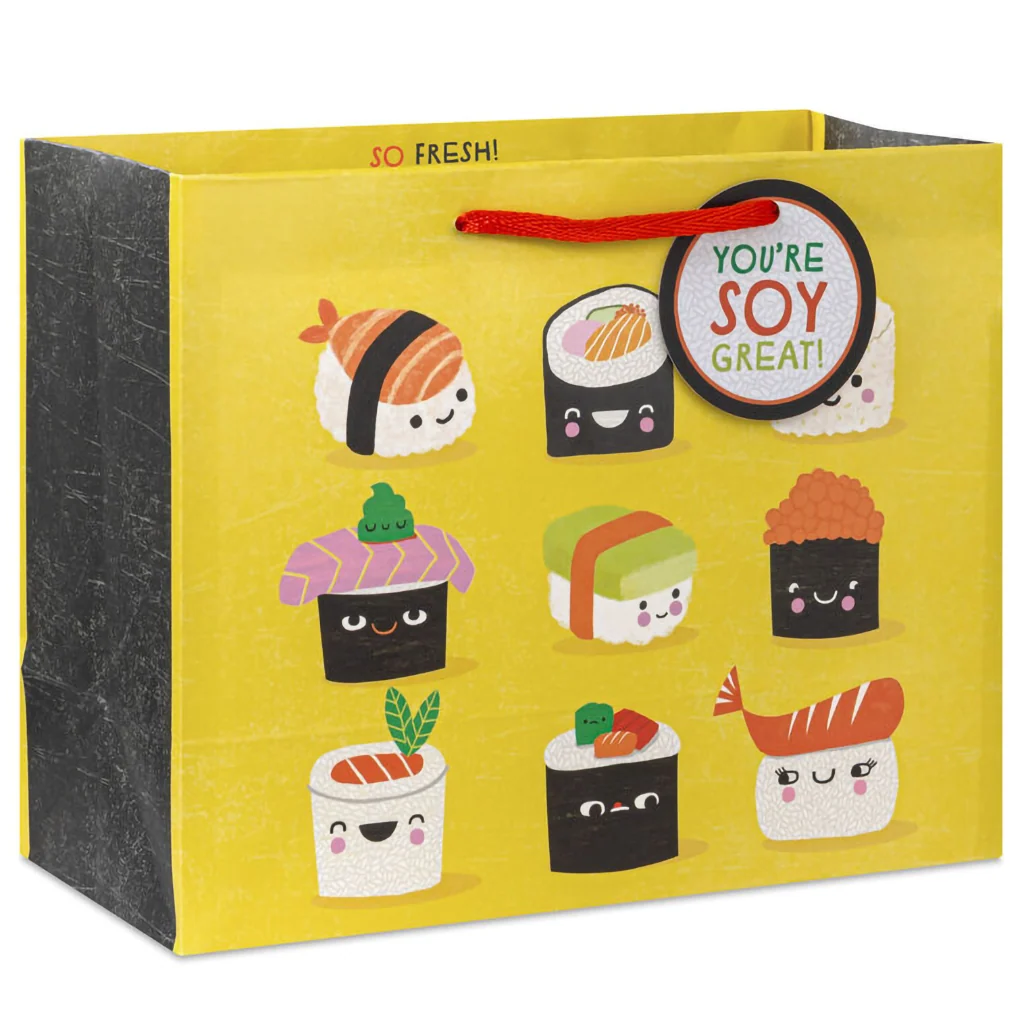 Hallmark : 7.7" Sushi Smiles on Yellow Medium Horizontal Gift Bag - Image 2