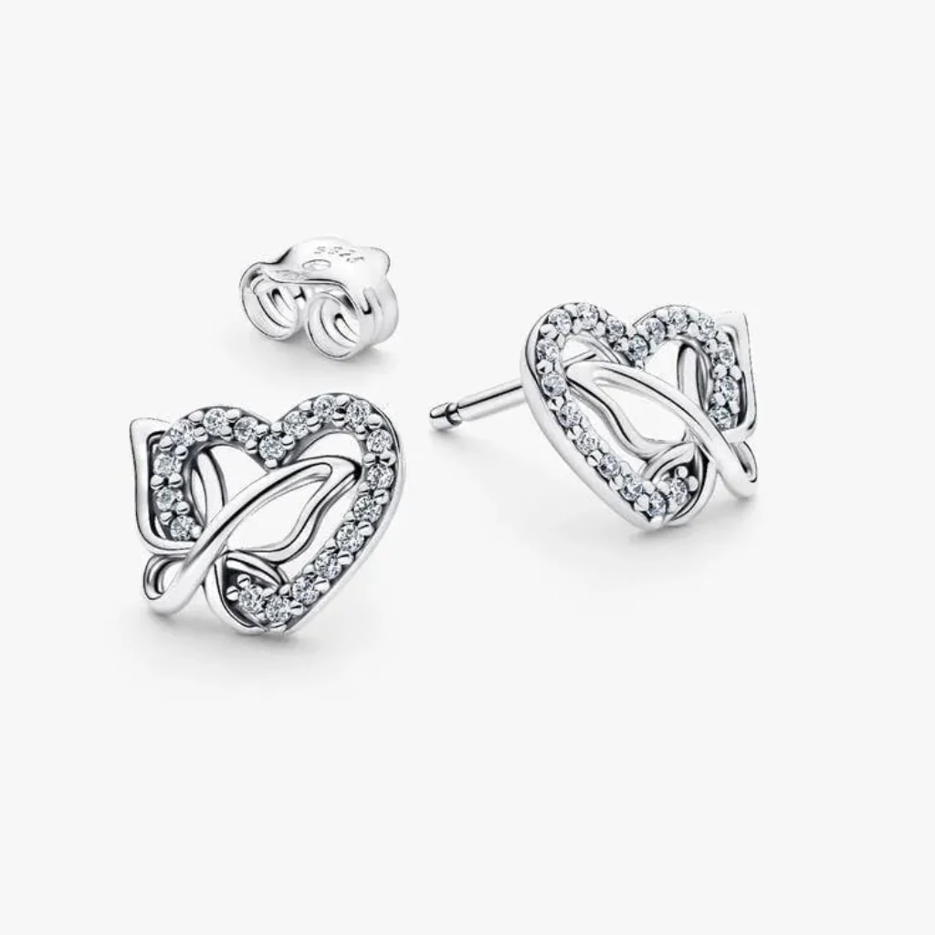 PANDORA : Entwined Heart & Butterfly Stud Earrings - Silver - Image 2