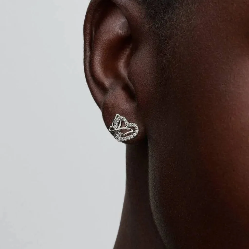 PANDORA : Entwined Heart & Butterfly Stud Earrings - Silver - Image 4