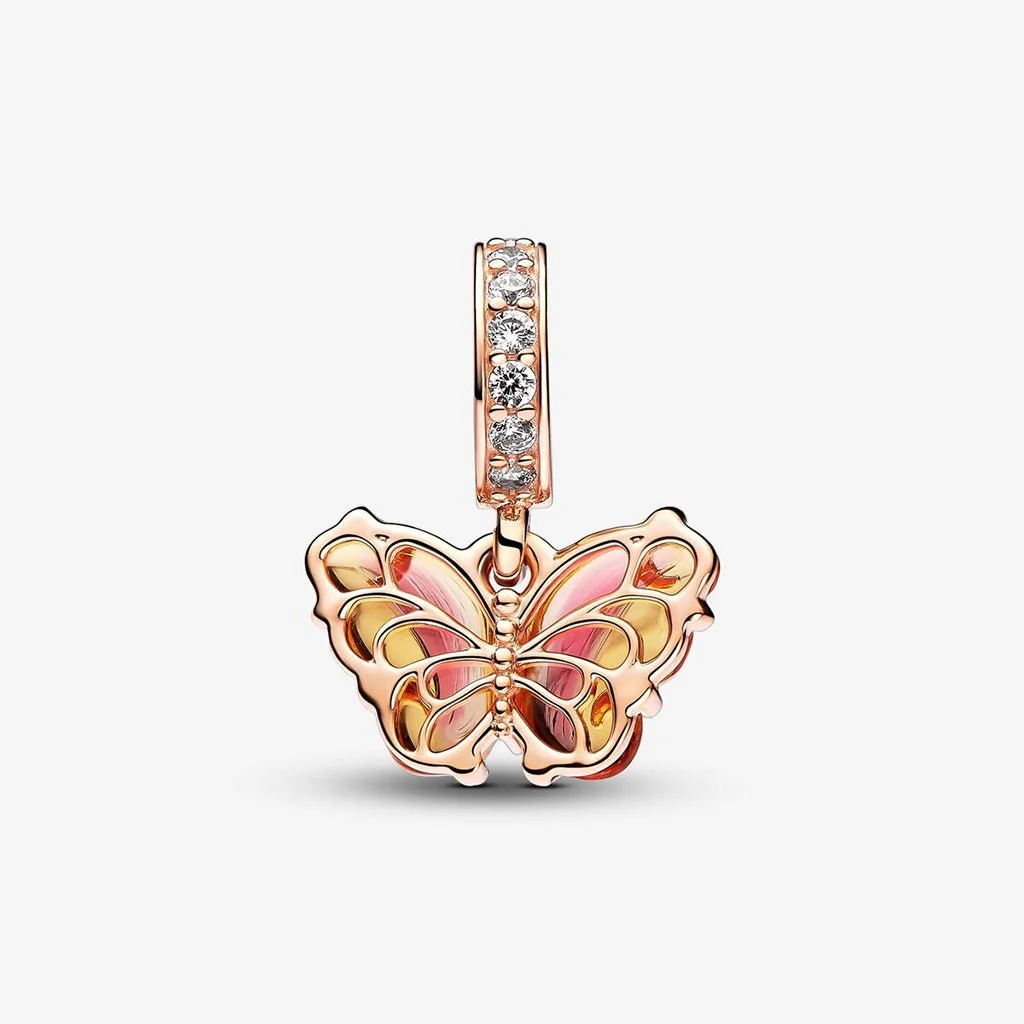 PANDORA : Pink & Yellow Murano Glass Butterfly Dangle Charm - Image 2