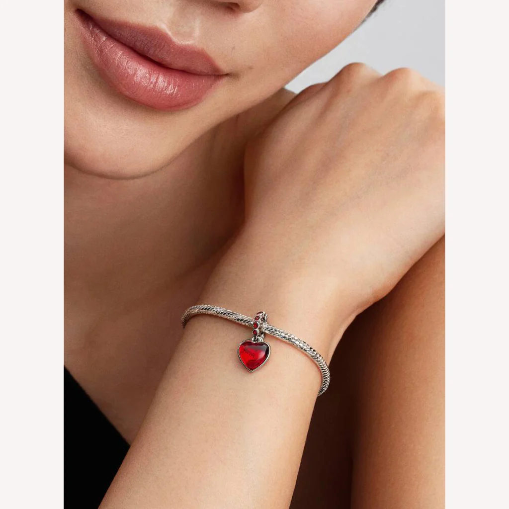 Pandora : Red Murano Glass Heart Double Dangle Charm - Image 4