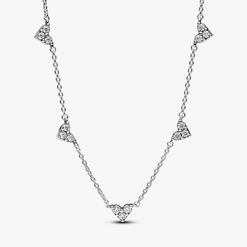 PANDORA : Triple Stone Heart Station Chain Necklace - Sterling Silver