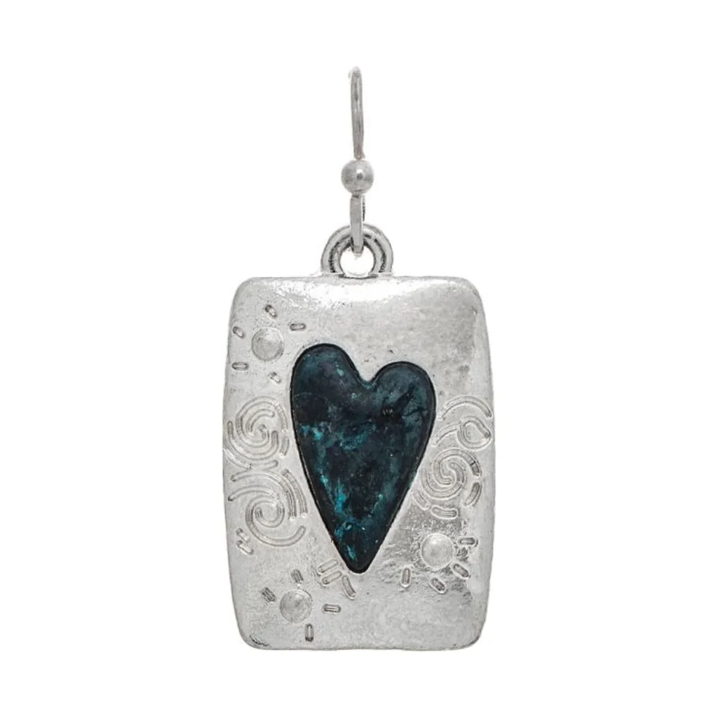 Rain Jewelry : Silver Engraved Swirl Rectangle Patina Heart Earrings