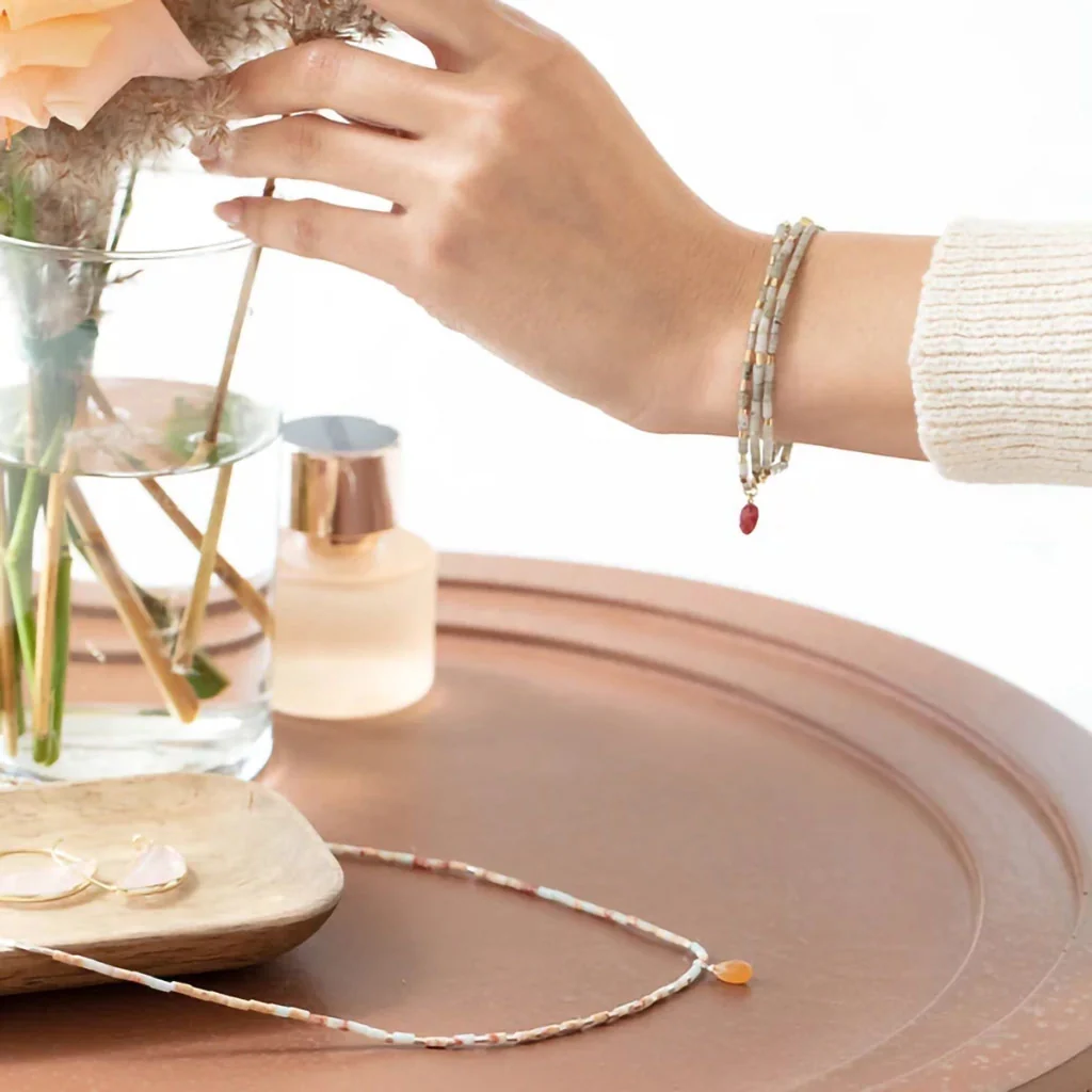 Scout Curated Wears : Teardrop Stone Wrap Blue Howlite/Sunstone/Gold - Stone of Harmony - Image 5