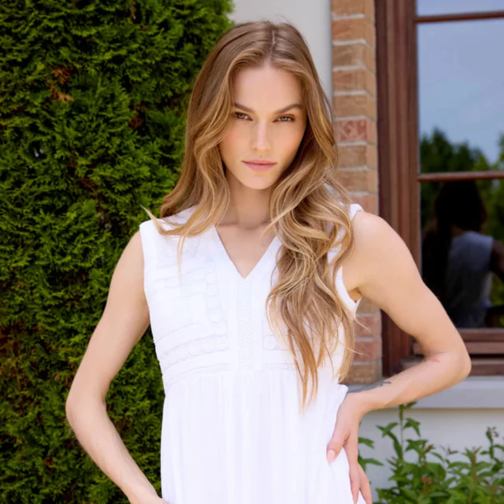 Charlie B : Embroidered Cotton Blend Maxi Dress Natural White - Image 3